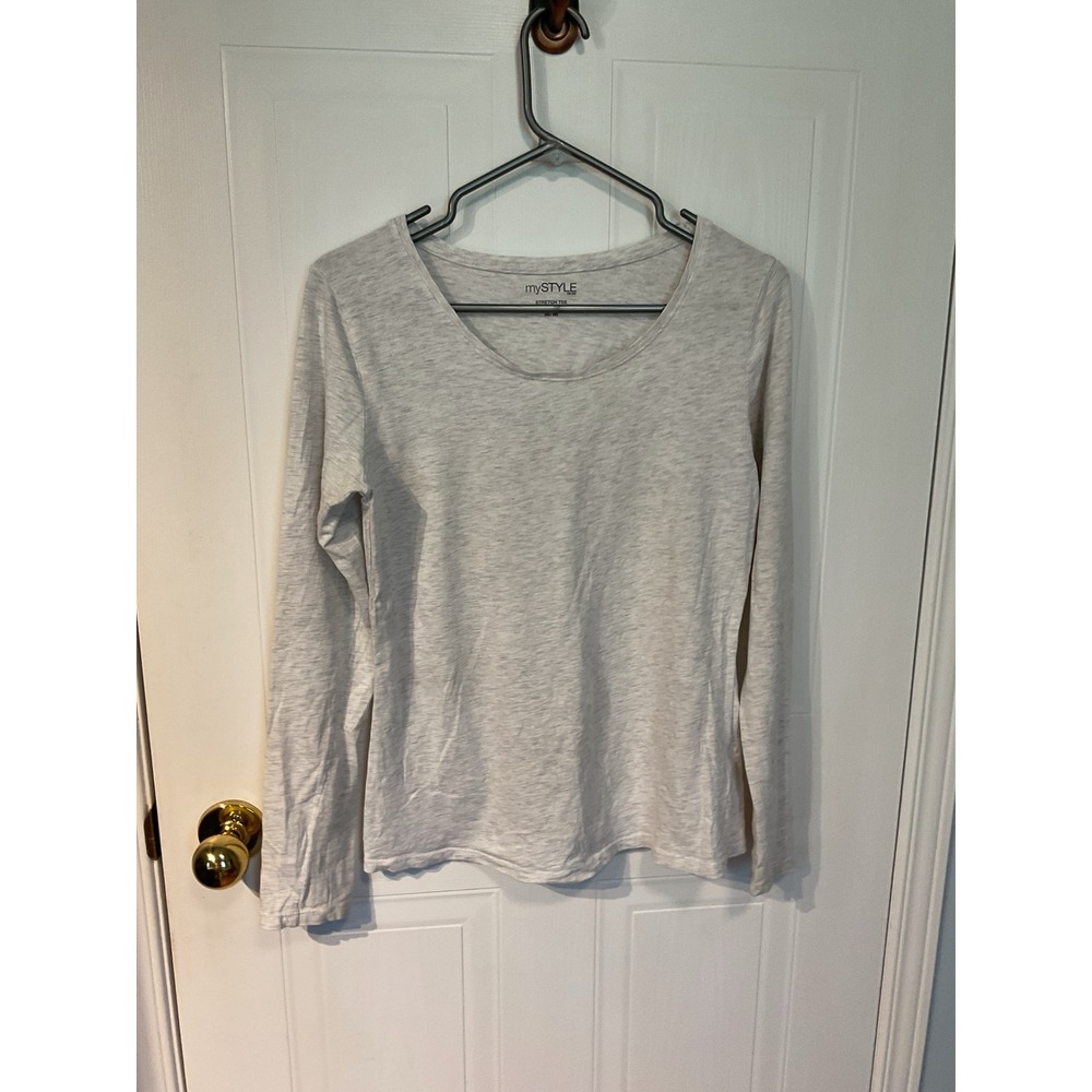 mySTYLE Stretch Tee Womens Medium Gray Excellent Long Sleeve Scoop Neck Cotton